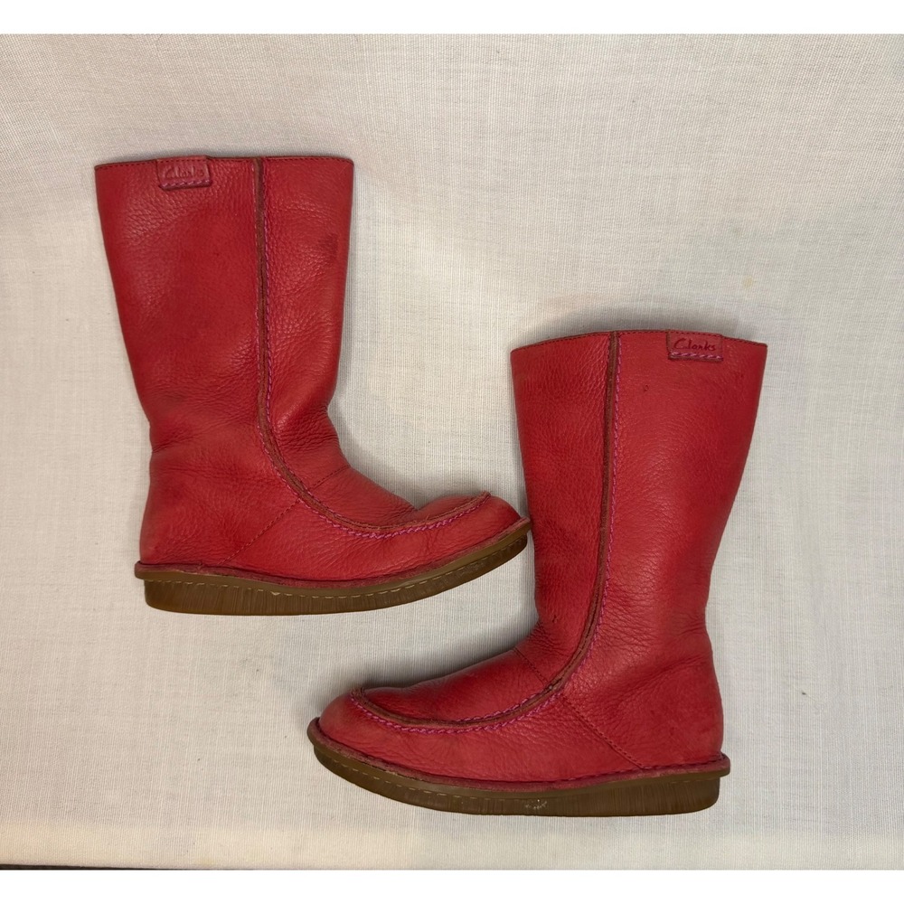Clarks Girls Red Leather Mid Calf Boots w/ Stitching Side Zip Size 10.5 M